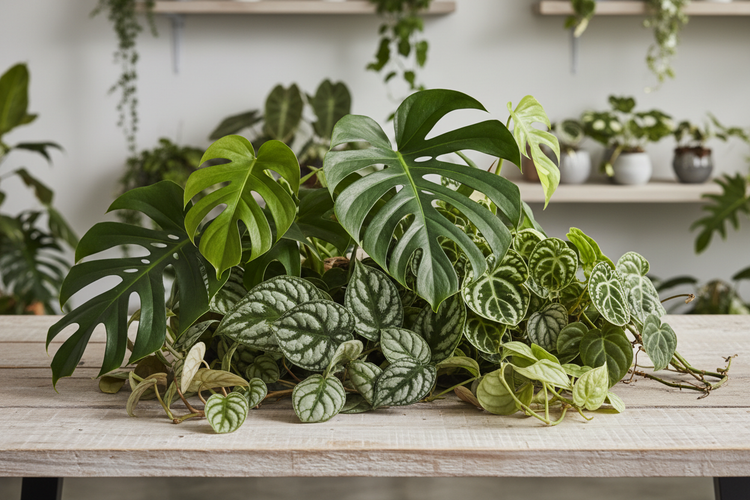 Lush collection of Rhaphidophora plants with green split leaves and creamy variegated foliage